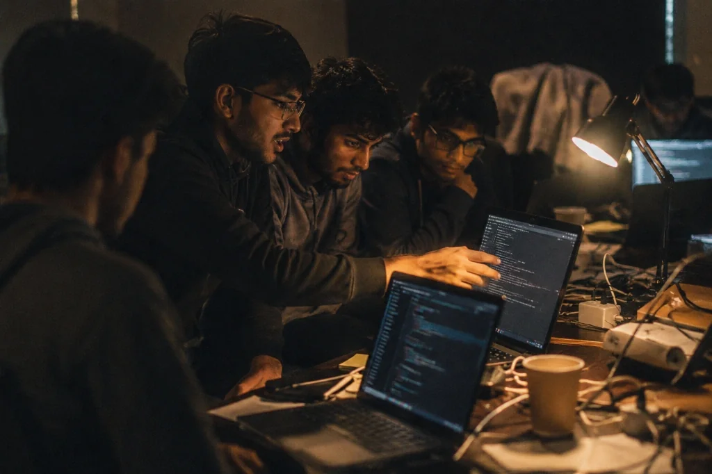 Engineers collaborating in an active AI build sprint